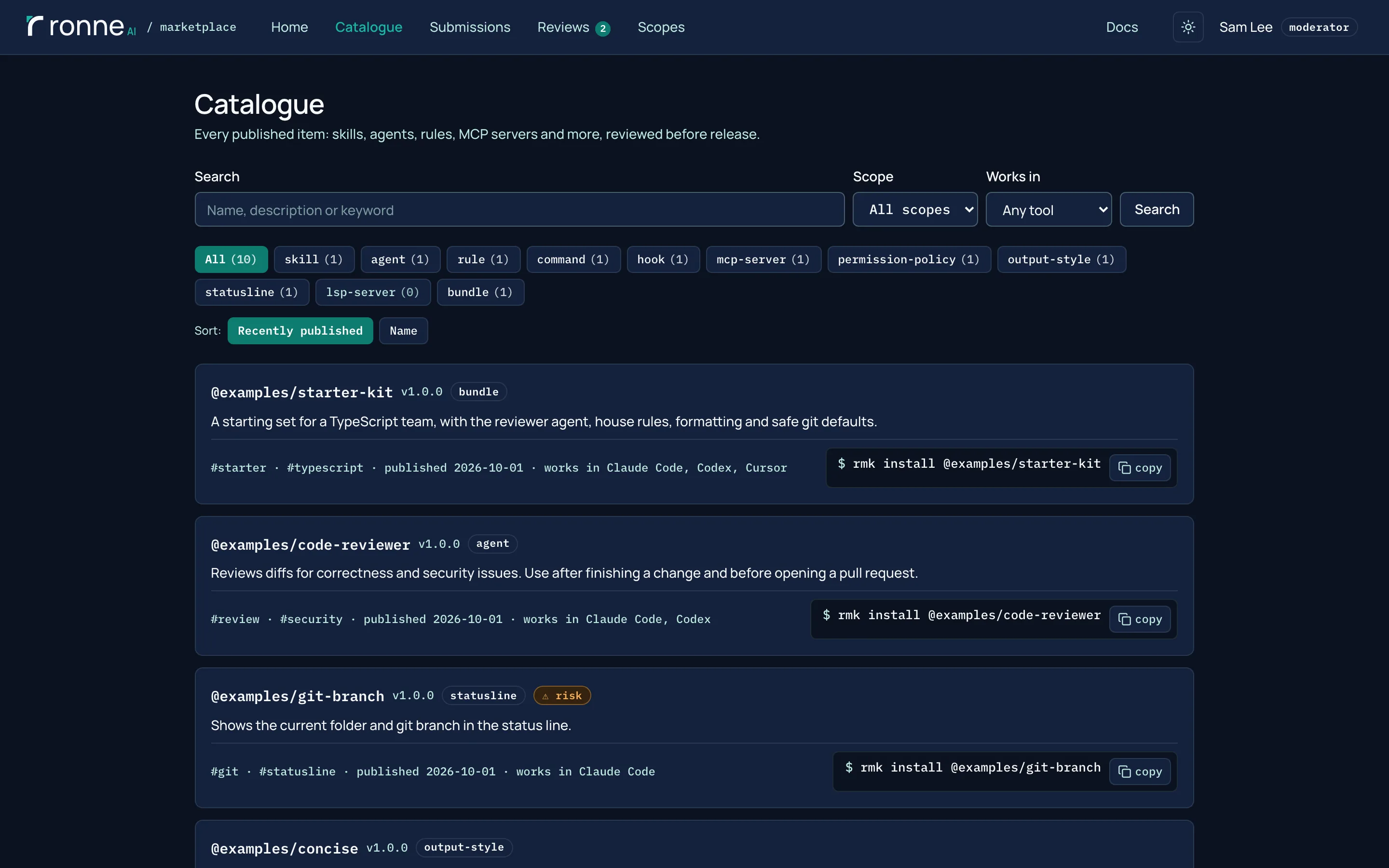 The catalogue: a search field, filters by scope, tool and type, and the released items, each with its install command.